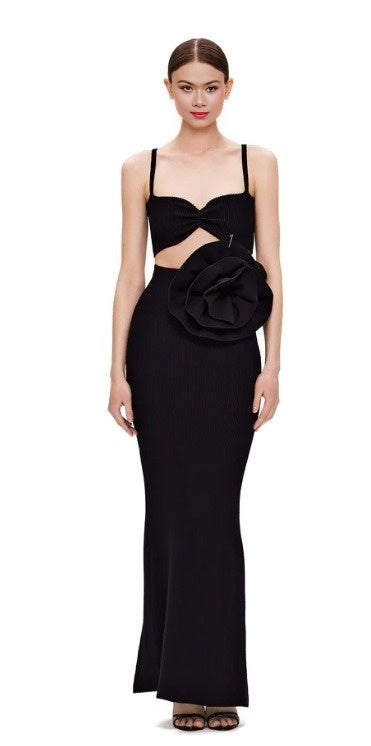 Women Hollow Out 3D Flower Spaghetti Strap Backless Design Celebrity Black Sleeveless Sexy Maxi Bandage Dress Party Gowns