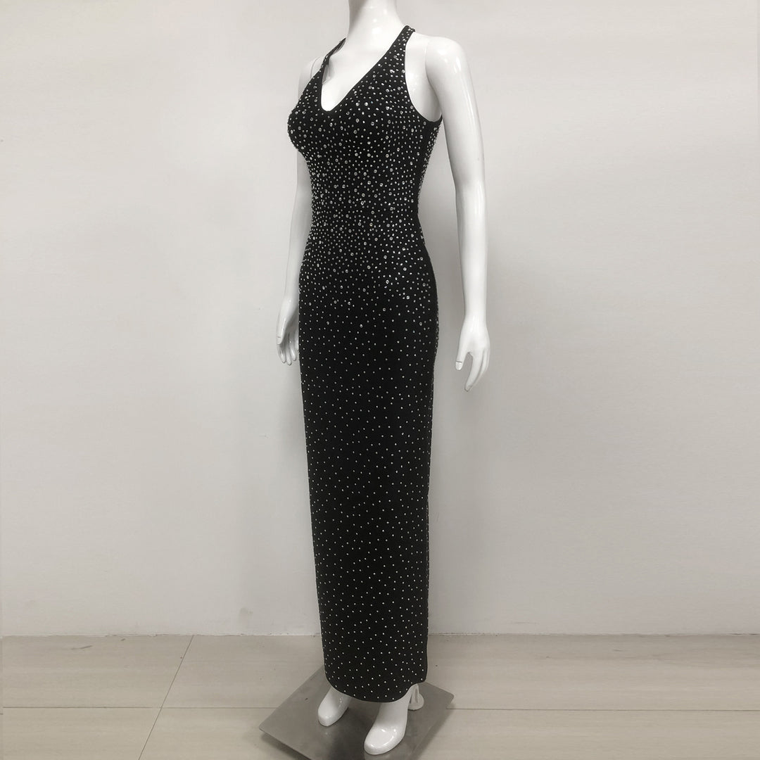 European and American sexy fashion socialite temperament hot diamond suspender backless long dress women&