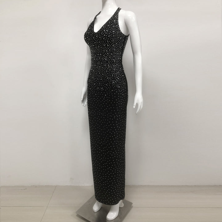 European and American sexy fashion socialite temperament hot diamond suspender backless long dress women&