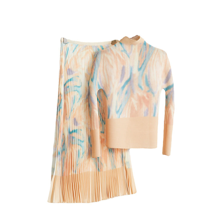 Fashion Print Pleated 2 Pieces Set Women&