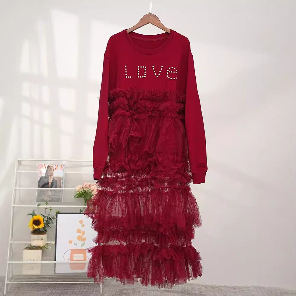European and American round neck mesh patchwork hoodie dress for women French long sleeved skirt