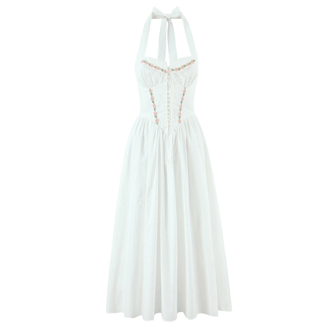Embroidered bow tie tied backless hanging neck dress
