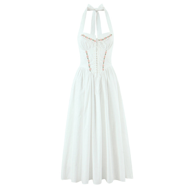 Embroidered bow tie tied backless hanging neck dress