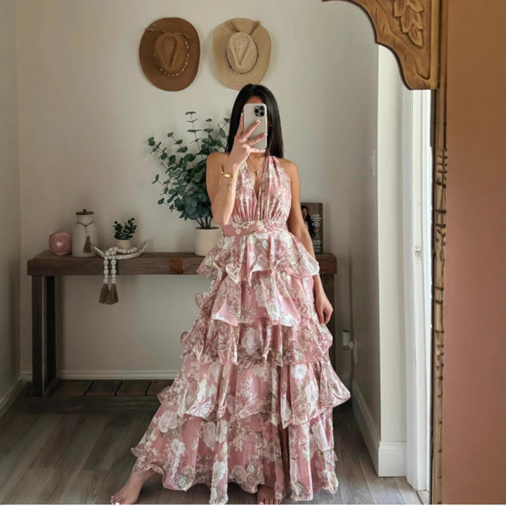 Fashionable Sexy V-Neck Strap Multi-Layer Printed Dress for Women