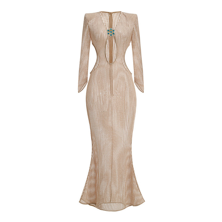 Fashion Sexy Cover-Up Long Dress for Women, Deep V-Neck Elegant Hollow-Out Waist-Baring Long Sleeve Dress