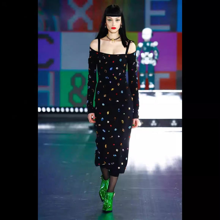 Fashion Heavy Industry Colorful Diamond Solid Medium Length Women&