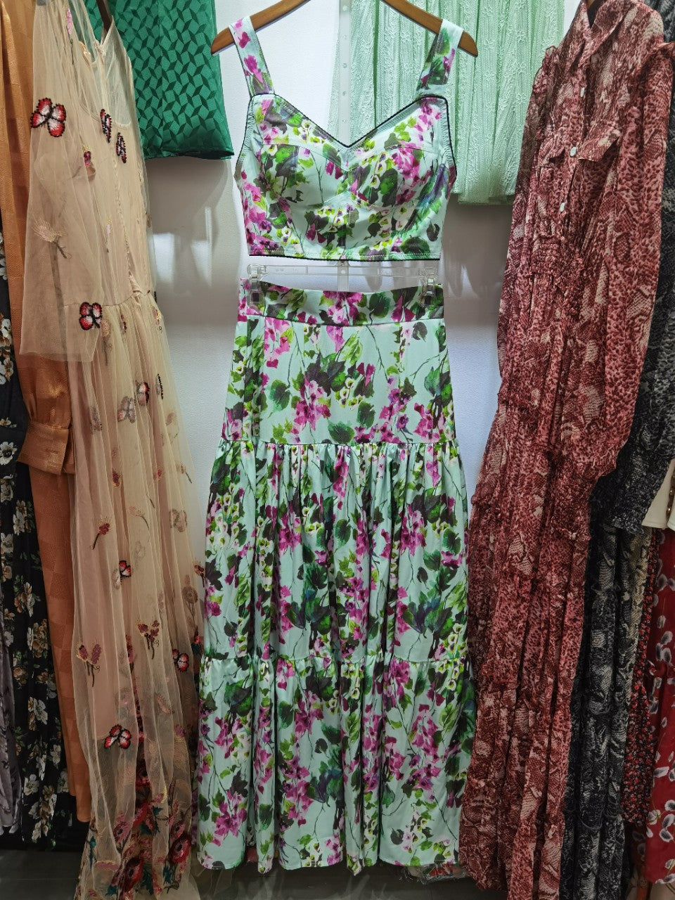 Spring And Summer Quality New Ladies Temperament Mid-Length Cotton Green Skirt Suit Tube Top + High Waist Printed Long Skirt