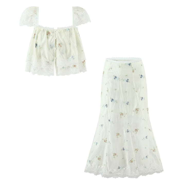 Embroidered lace up top+Embroidered skirt set