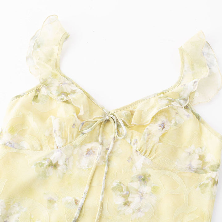 V-neck ruffled chest strap small fresh floral dress