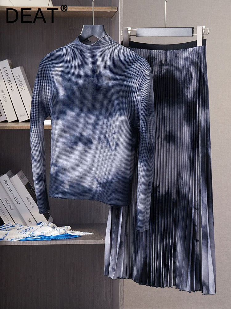 Spring Pleated Print Full Sleeve T Shirt Loose High Waist Color Block Skirt 2 Pieces Set Female Fashion Casual