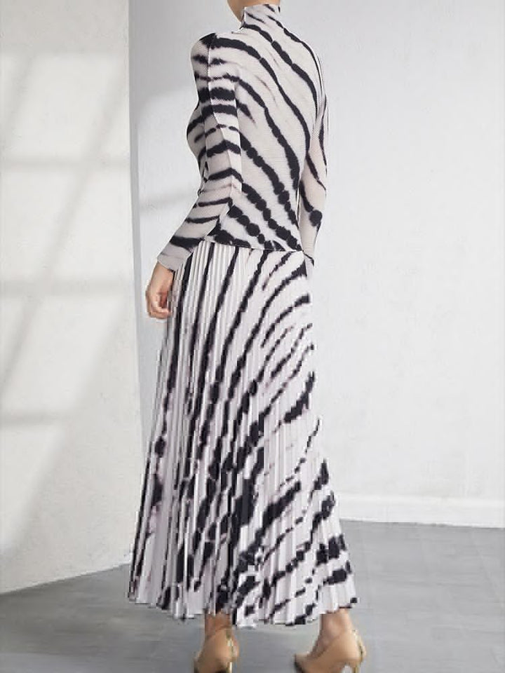 Striped Contrast Color Pleated Suit For Women Pullover Top Long Sleeve A-line Skirt Two Piece Set New Spring