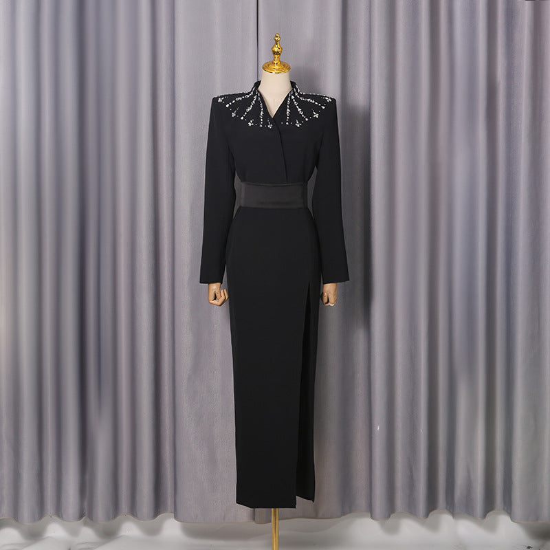 Elegant Lady-Style Long Dress with Rhinestone Detailing, Sexy Fitted Waist-Accenting Maxi Dress