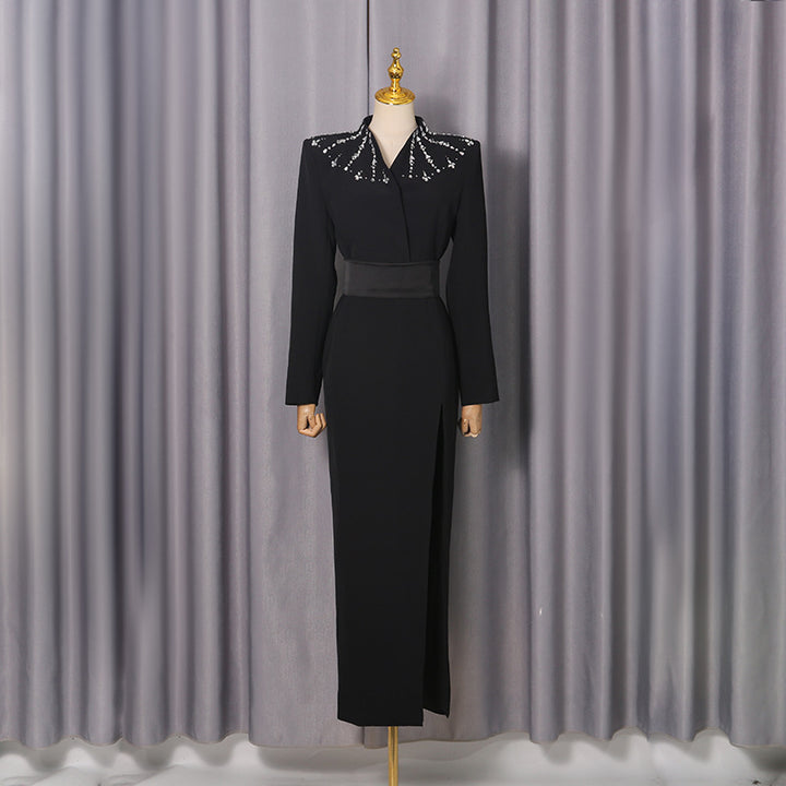 Elegant Lady-Style Long Dress with Rhinestone Detailing, Sexy Fitted Waist-Accenting Maxi Dress