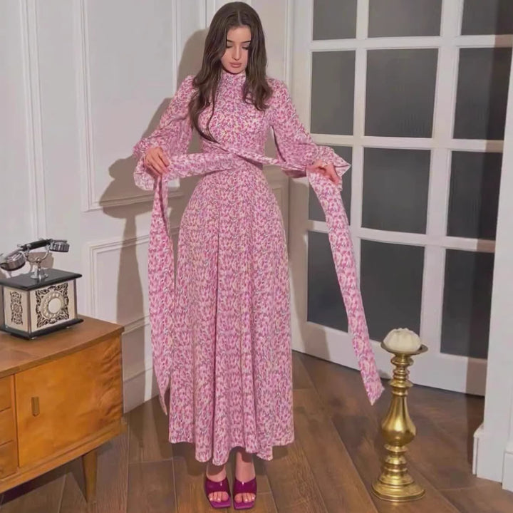 Floral Satin Summer Design Gentle Style Loose Tie Waist Dress with Floral Pattern Long Dress