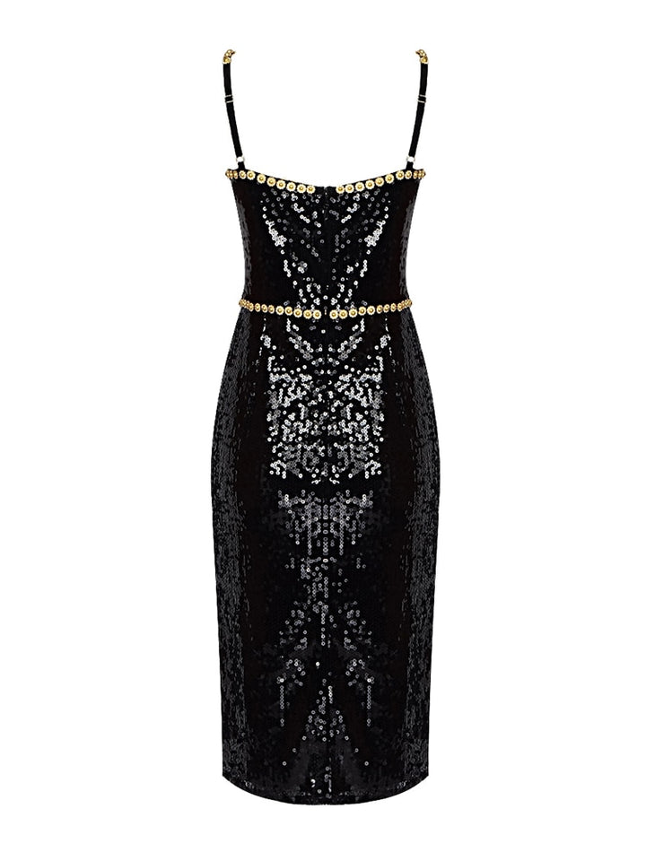 Black Evening Dinner Dress Women Elegant Square Collar Crystal Sequins Spaghetti Strap Dresses