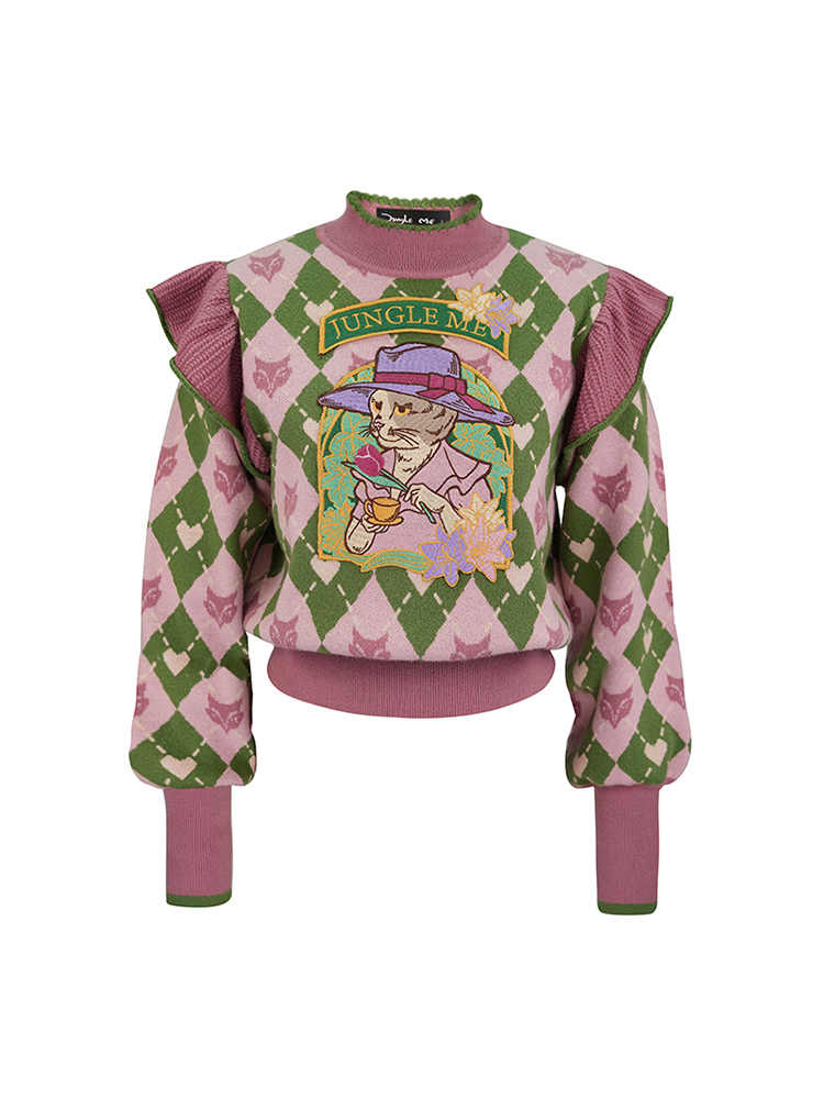 Pink round neck diamond grid long sleeved sweater cat afternoon tea embroidered ruffle edge long sleeved knit