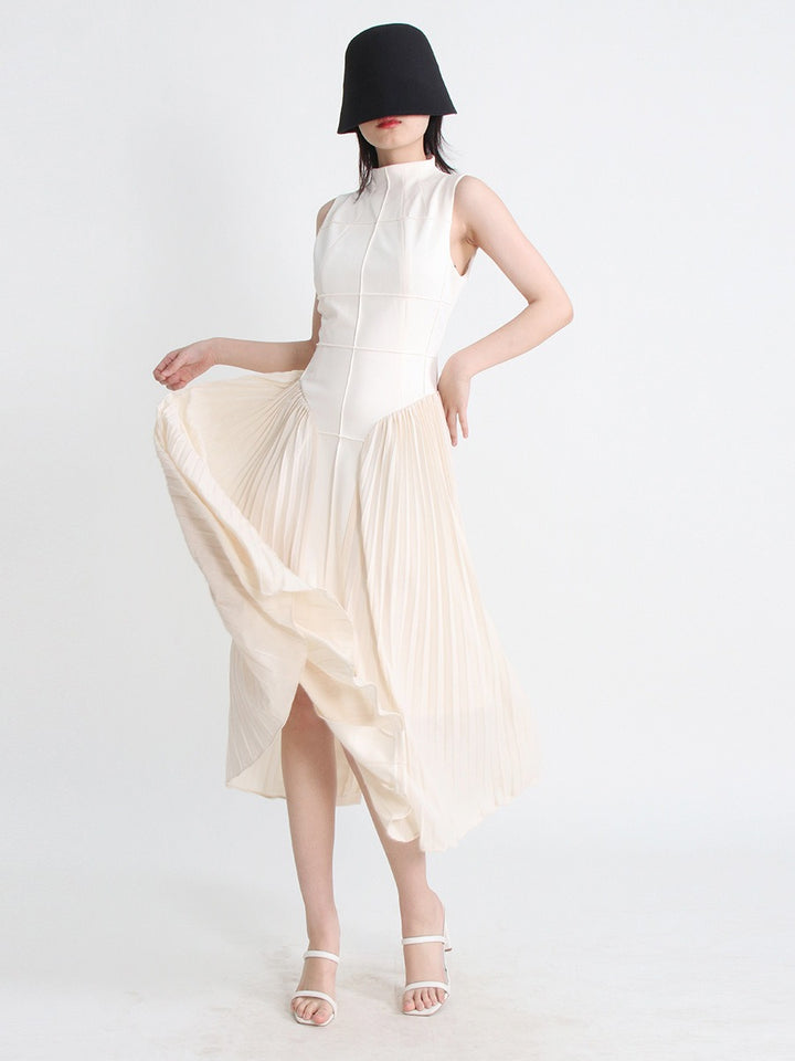 French light cooked retro style summer standing collar sleeveless open thread design pleated design long solid color dress