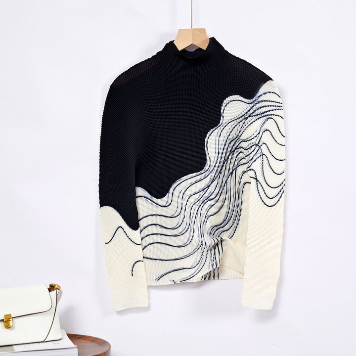 Women Pleated 2-Piece Fashion Printing High Elastic Slim Fit Long Sleeve Top+High Waist Versatile Loose Pleated Half Dress Summer