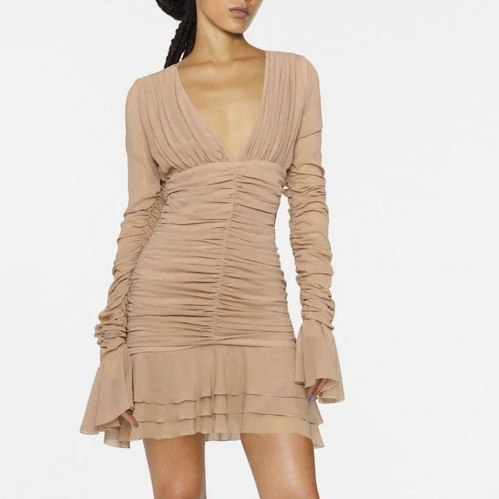 French Temperament Style Handmade Pleated Skirt Autumn New Sexy V-Neck Long Sleeve Dress