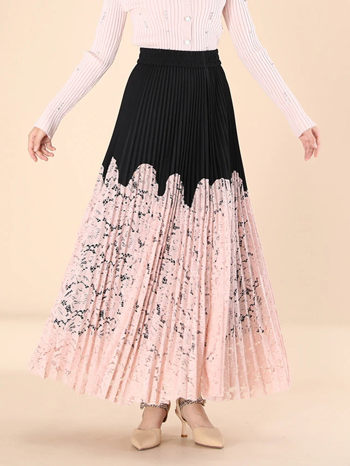 Lace Spliced Printing Pleated Skirts For Women High Waist Loose Causal Colorblock Skirt Female Fashion New Clothes