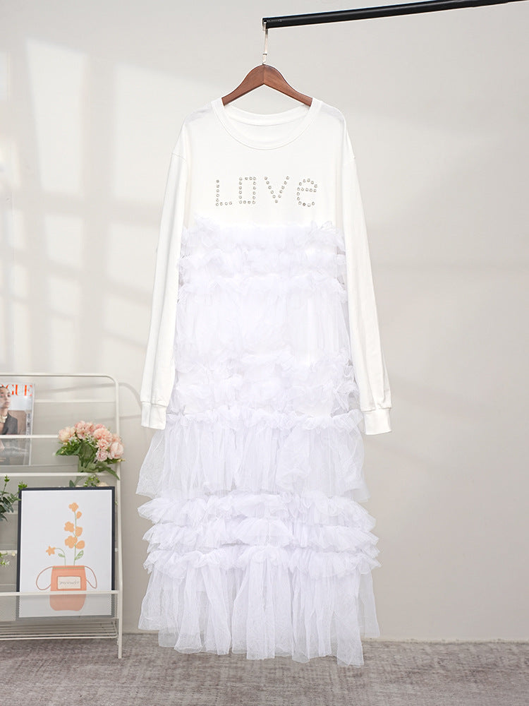 European and American round neck mesh patchwork hoodie dress for women French long sleeved skirt