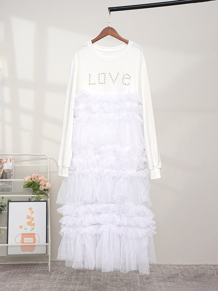 European and American round neck mesh patchwork hoodie dress for women French long sleeved skirt