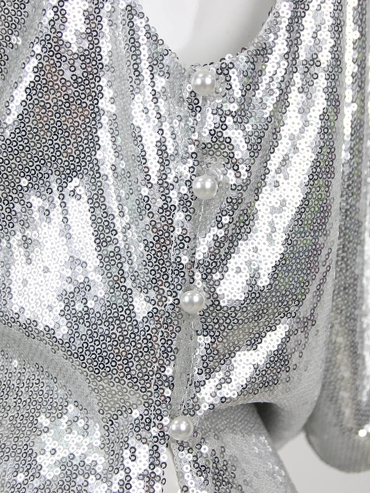 Sexy Sleeveless Sequins 3D Flower High Split Long Dress Women Sliver V-Neck Sequin Flower Design Maxi Dress Elegant Celebrity