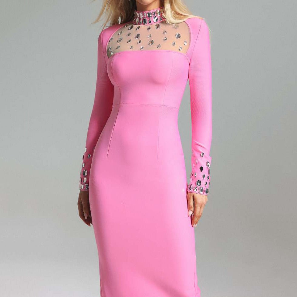 European and American autumn and winter long sleeved slit dress with mesh belt diamond round neck