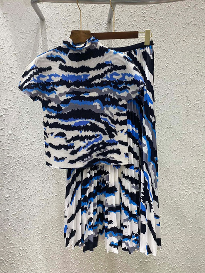 Printing Pleated Set Women Summer Elastic Slimming Stand Collar Short Sleeve T-shirt Top Long Skirt