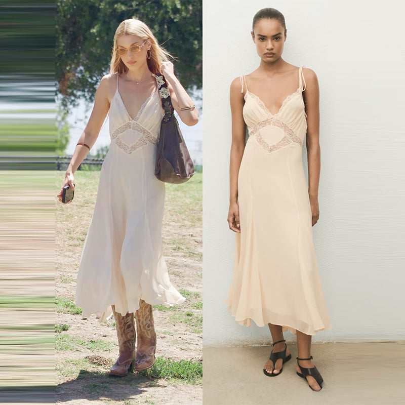 V-neck hollow lace camisole mid length dress