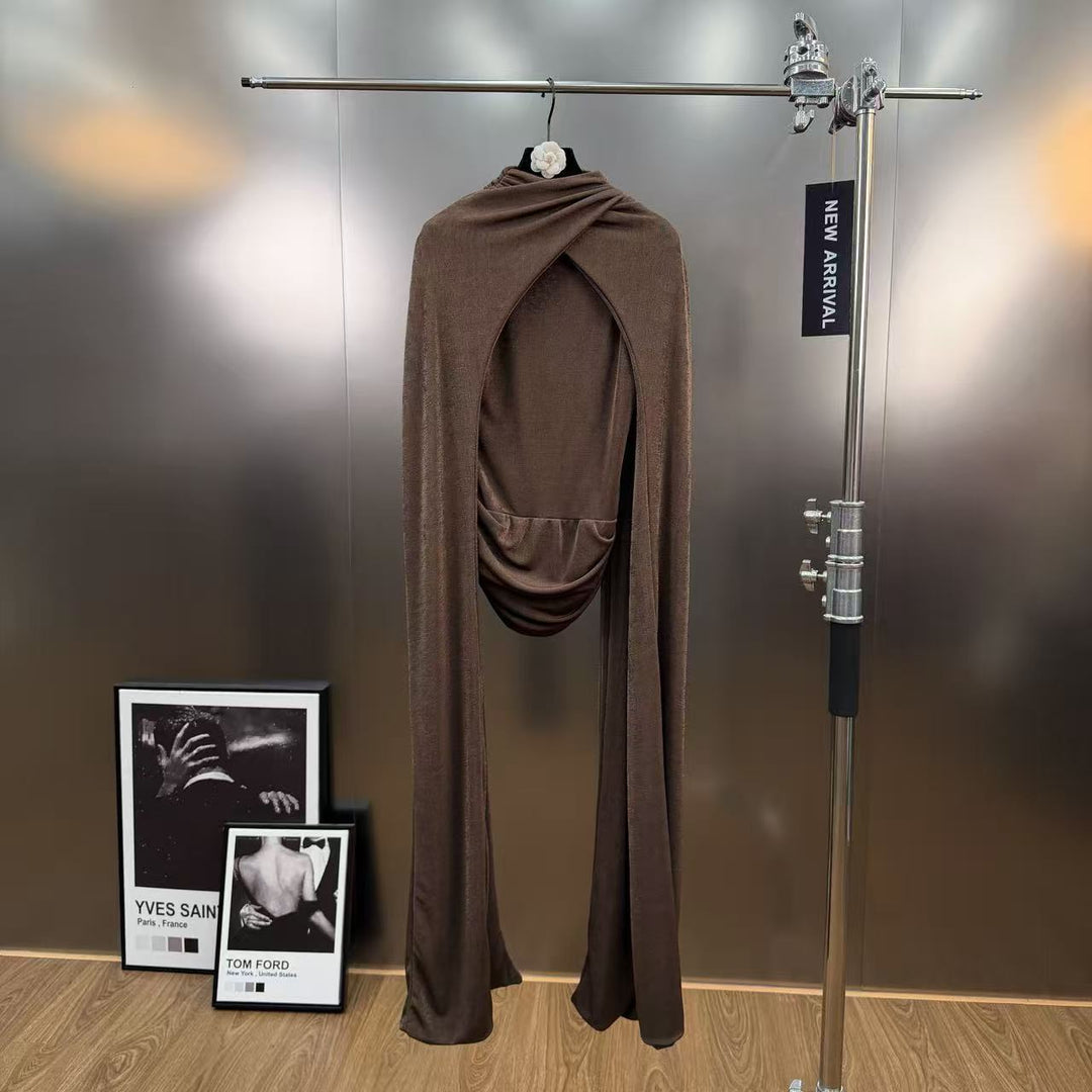 Half high neck pleated waist slimming knitted long sleeved T-shirt