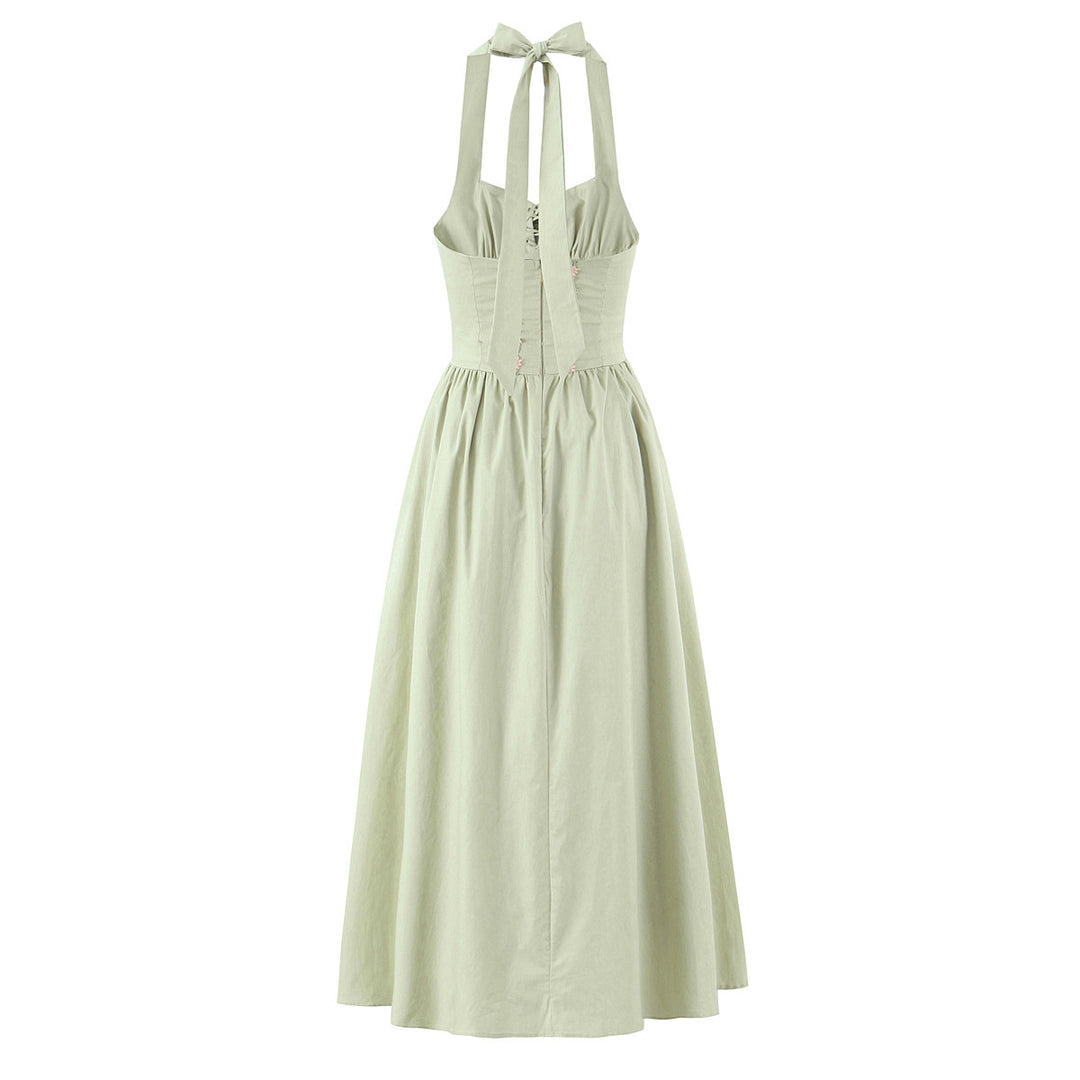 Embroidered bow tie tied backless hanging neck dress