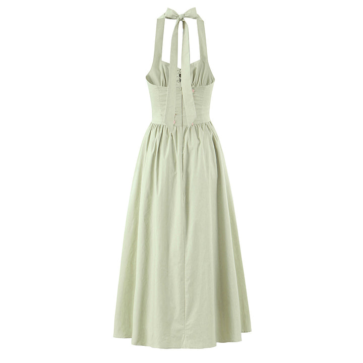 Embroidered bow tie tied backless hanging neck dress