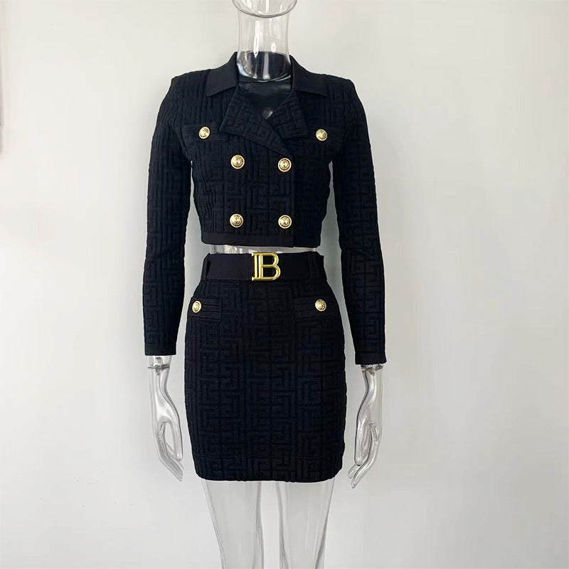 Autumn And Winter New Knitting Skirt Suit Collar Herringbone Top Belt Hip Wrap Skirt Two-Piece Fashion Suit