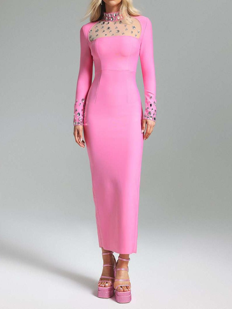European and American autumn and winter long sleeved slit dress with mesh belt diamond round neck