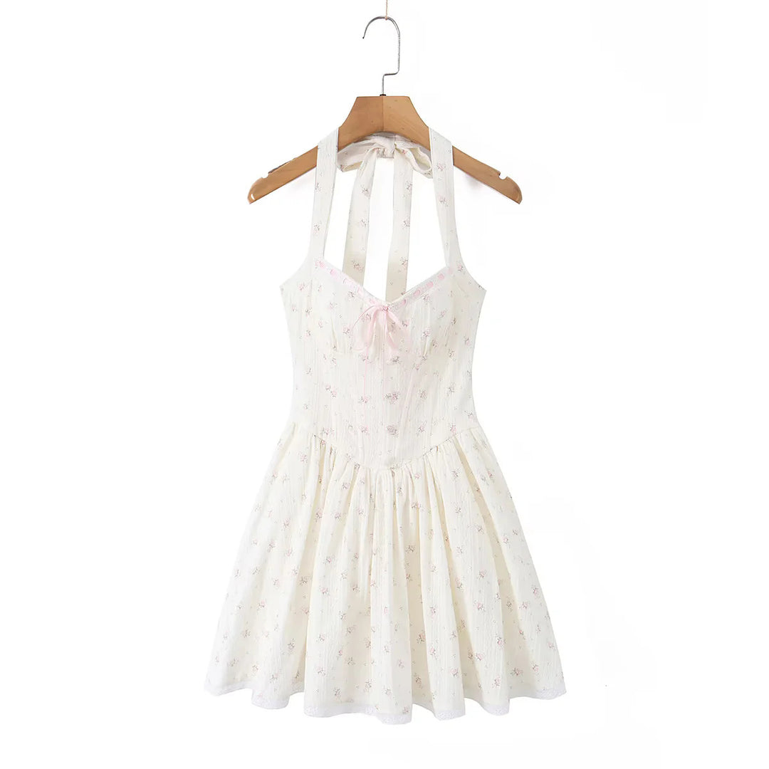 Charming Floral Print Dress for Women Cute Vacation Style Halter Neck Mini A-Line Pleated Skirt
