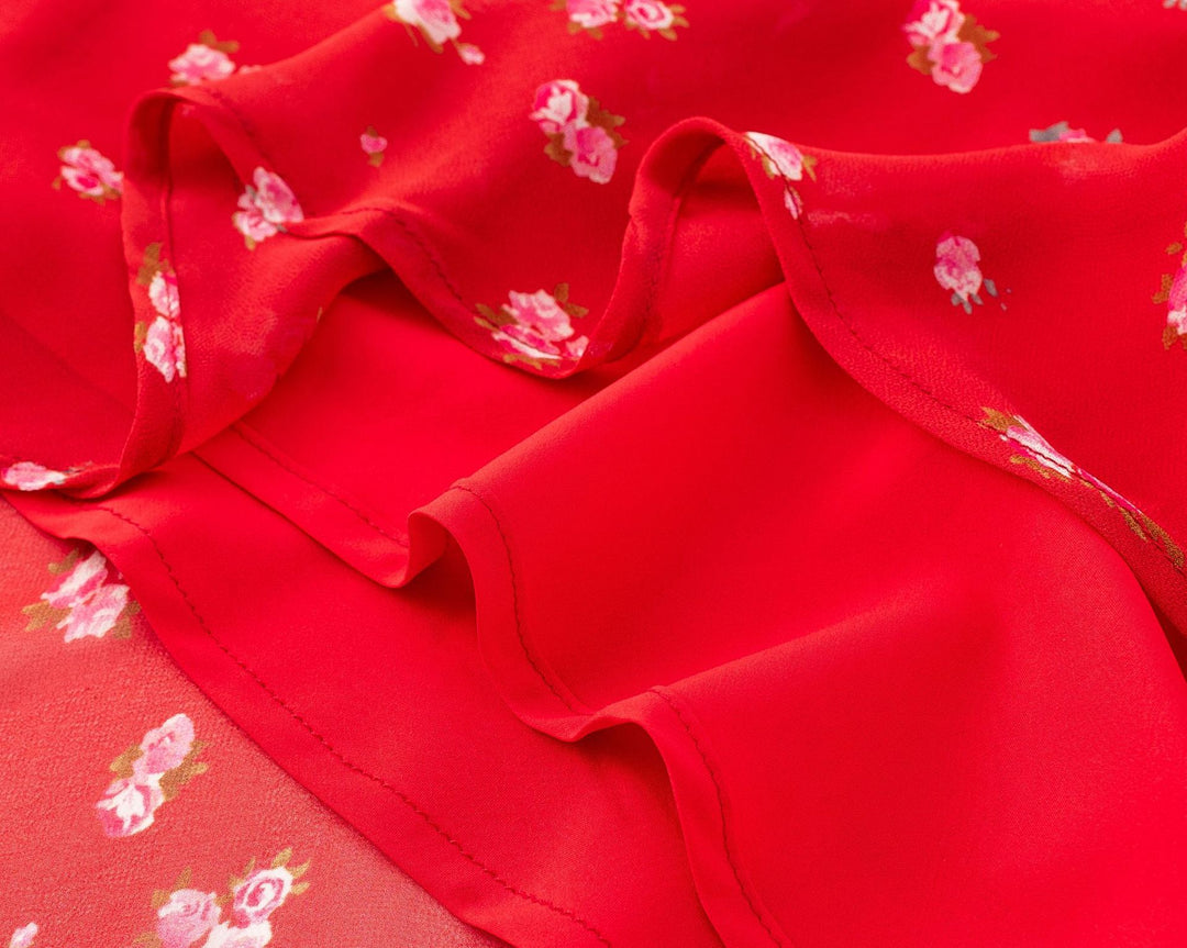 One-Shoulder Lace Hem Red Base Floral Print Dress