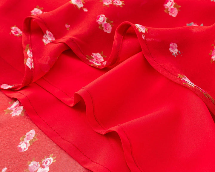 One-Shoulder Lace Hem Red Base Floral Print Dress