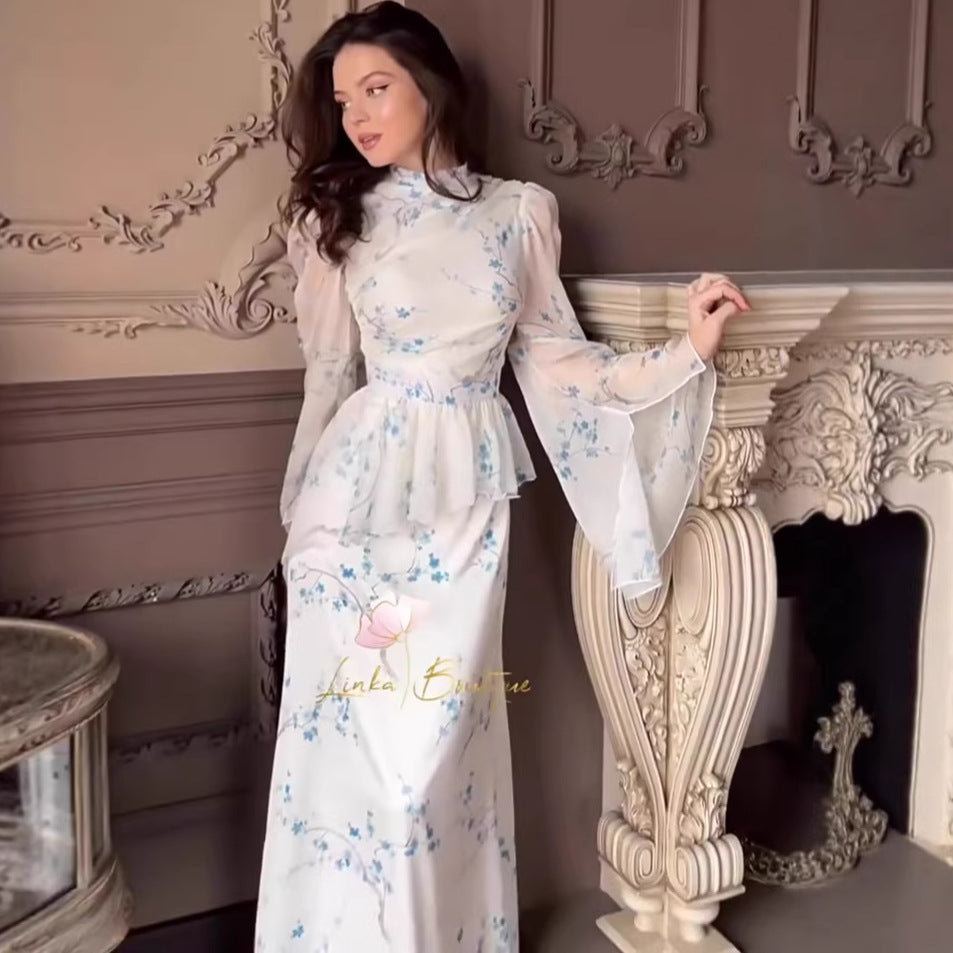 Slim fit long sleeved long skirt, autumn elegant temperament dress, retro style