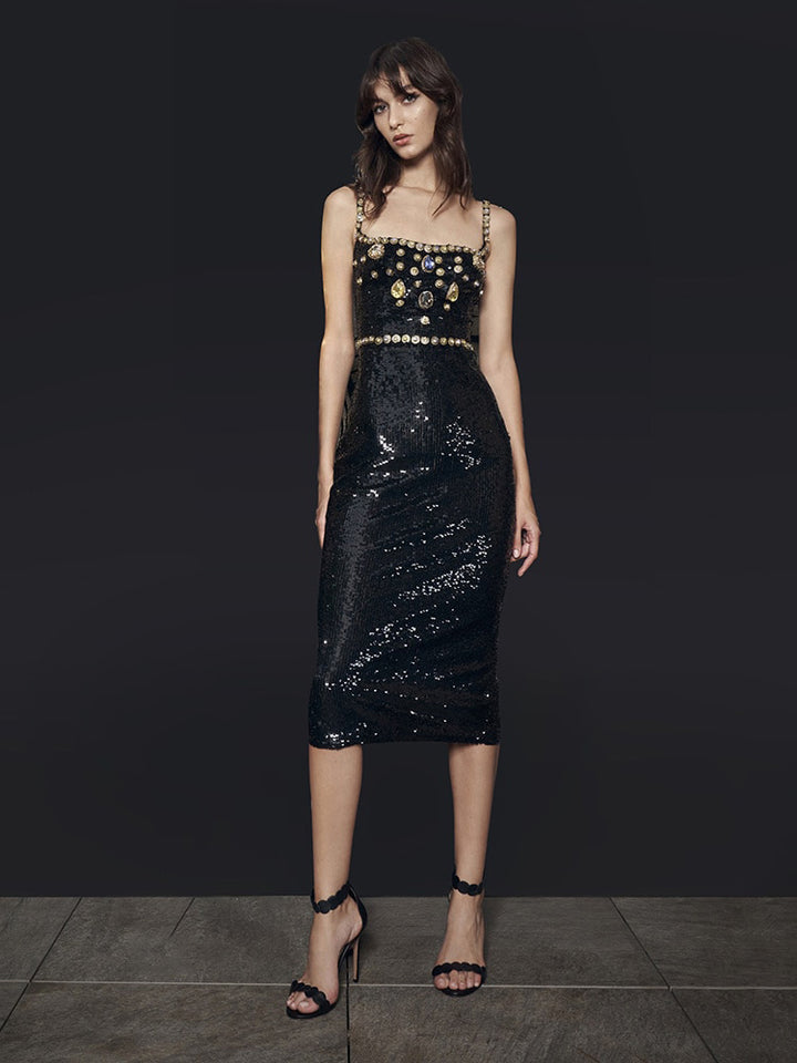 Black Evening Dinner Dress Women Elegant Square Collar Crystal Sequins Spaghetti Strap Dresses