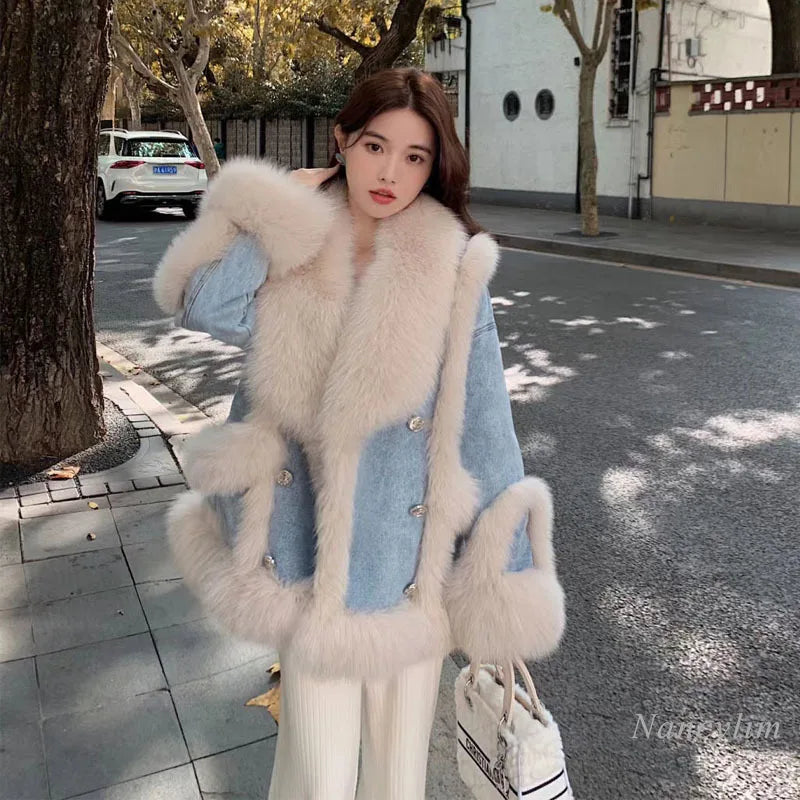 Denim Fur Splicing Coat Women&