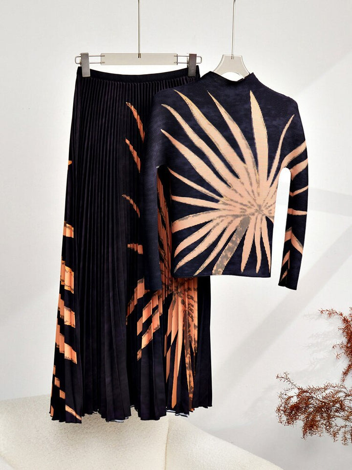 Print Pleated Two Pieces Set For Women Mock Neck Long Sleeve Top Loose Casual Skrit