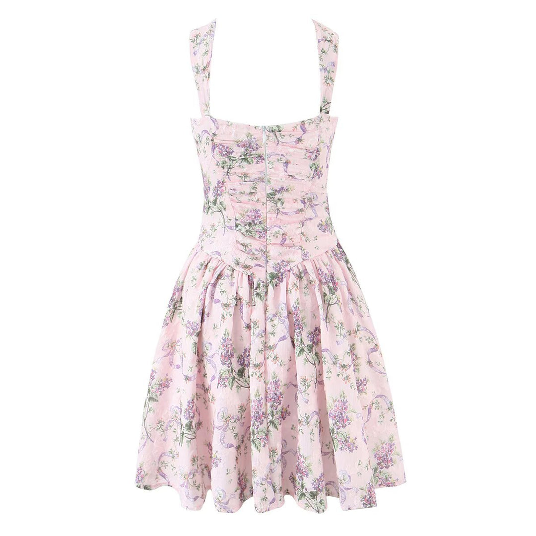 Printed waist cinching suspender dress for women
