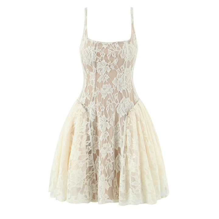 Splicing lace mesh slim fit suspender dress