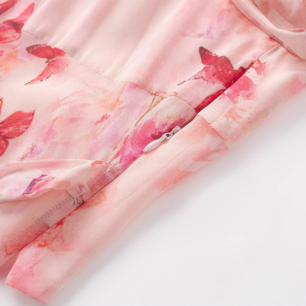 Sexy V-neck Front Tie Floral Backless Design Waist-cinching Long Dress