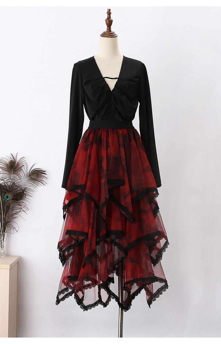 Lace cake-style tulle skirt with tie-dye print, super fairy-like skirt, irregular mesh midi skirt