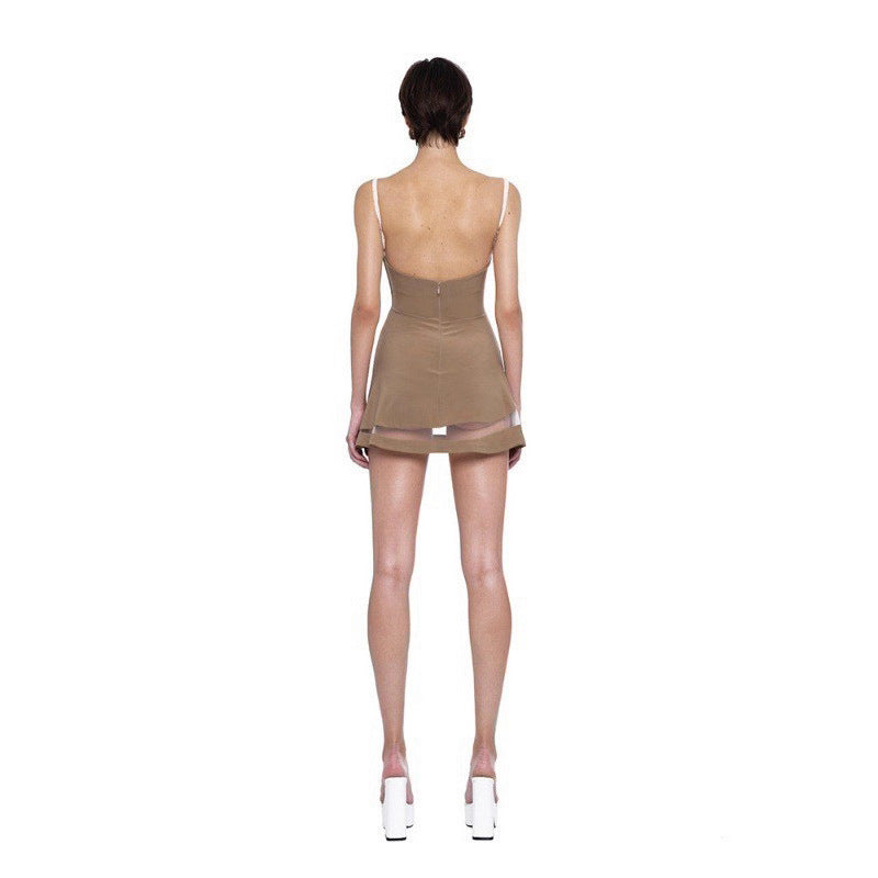 Beige Lace Strapless Patchwork Dress Sexy Fitted A-Line Mini Dress
