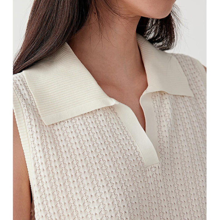 French Hollow-Out Polo Neck Knit Vest for Women, Slim Fit Sleeveless Summer Basic Top Short Upperwear