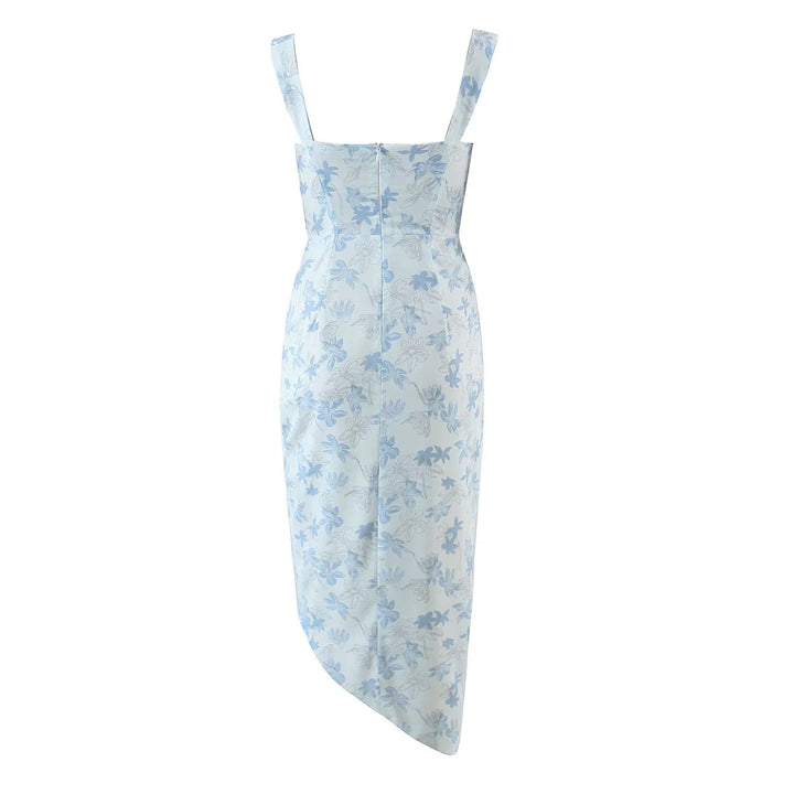 Holiday Style Suspender Dress Fashion Ins Temperament Design Print Pleated Side Slit Midi Dress Skirt