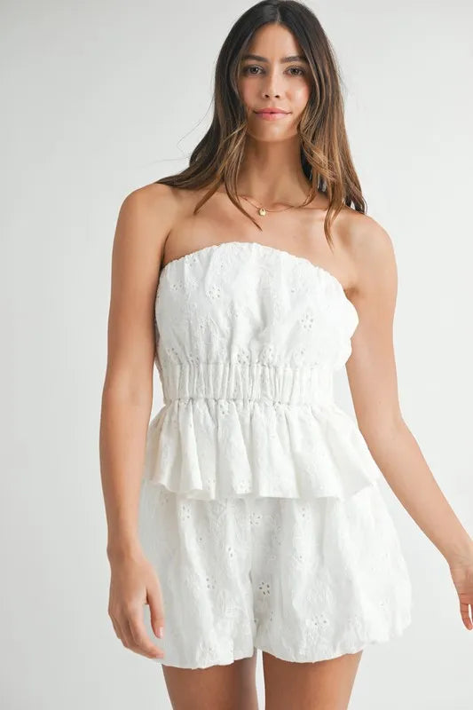 MABLE Floral Eyelet Lace Tube Top and Short Set
